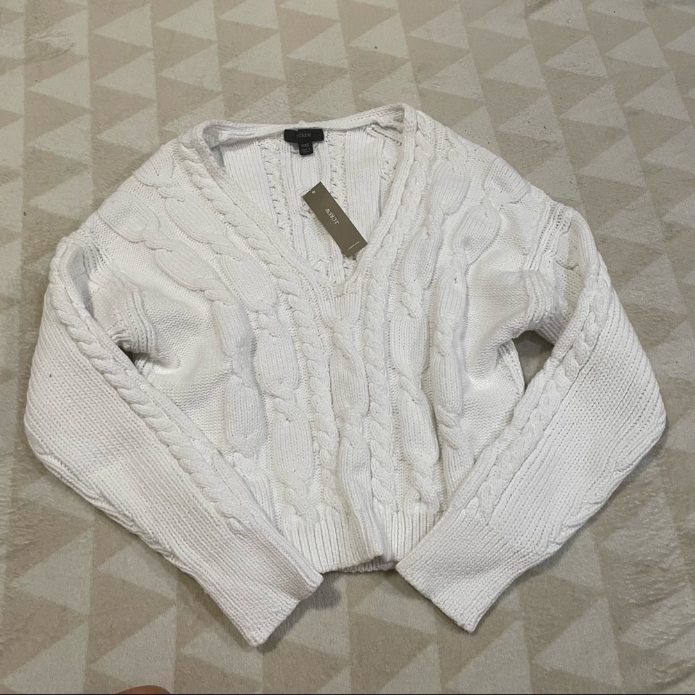 J crew vneck cable knit sweater white